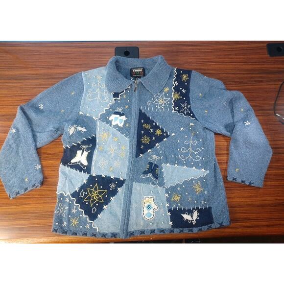 Vintage Studio Fa La La Sweater/Jacket Zip-Up Embroidered Christmas Holiday Fun - Picture 1 of 16